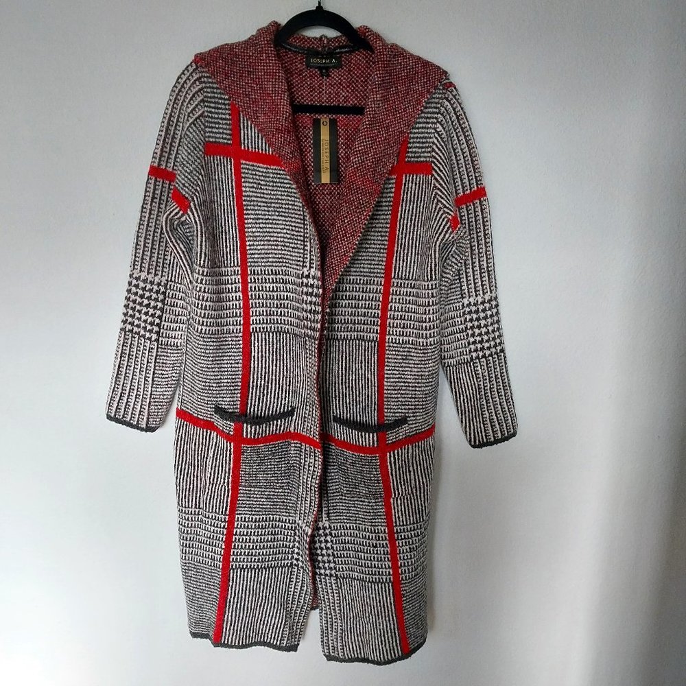 Joseph A. Hooded Long Sleeve Black Red and White Plaid Long Open Cardigan NWT